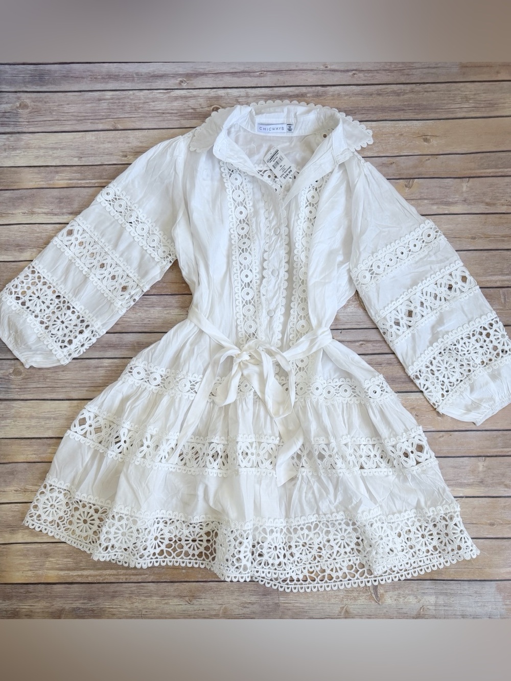 CHICWAYS embroidered eyelet long sleeve tie waist dress white size M